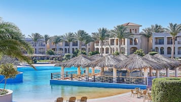 12 outdoor pools, pool umbrellas, pool loungers