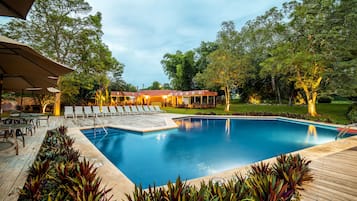 Outdoor pool, pool umbrellas, pool loungers