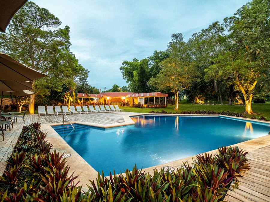 Outdoor pool, pool umbrellas, sun loungers