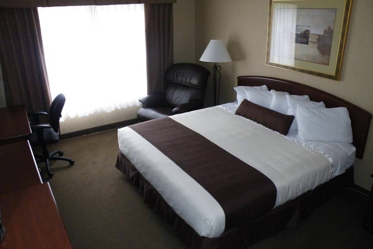 A hotel room with a large bed, a desk, a chair, and a lamp.
