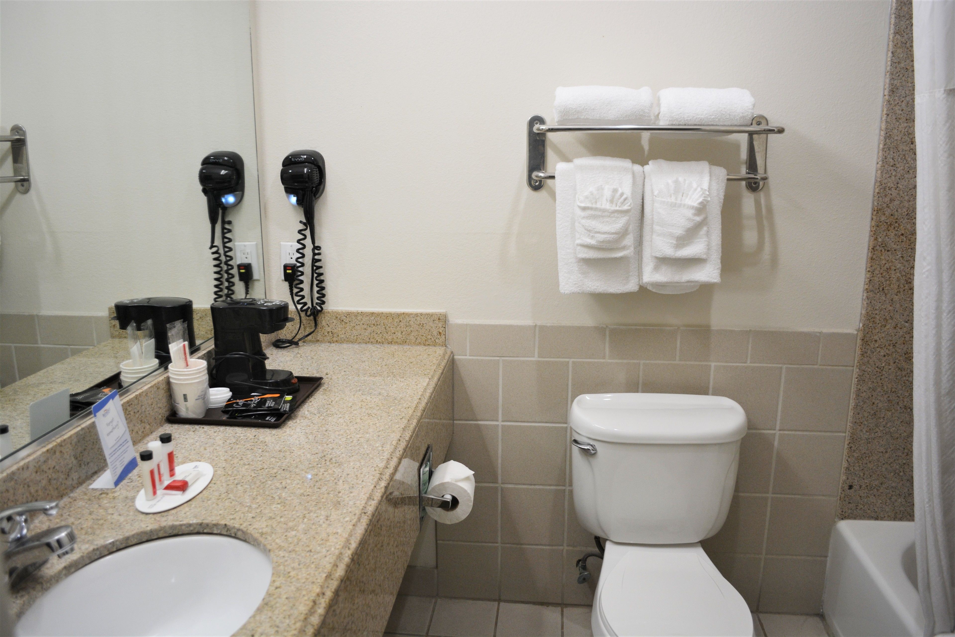 free toiletries, hair dryer, towels, soap