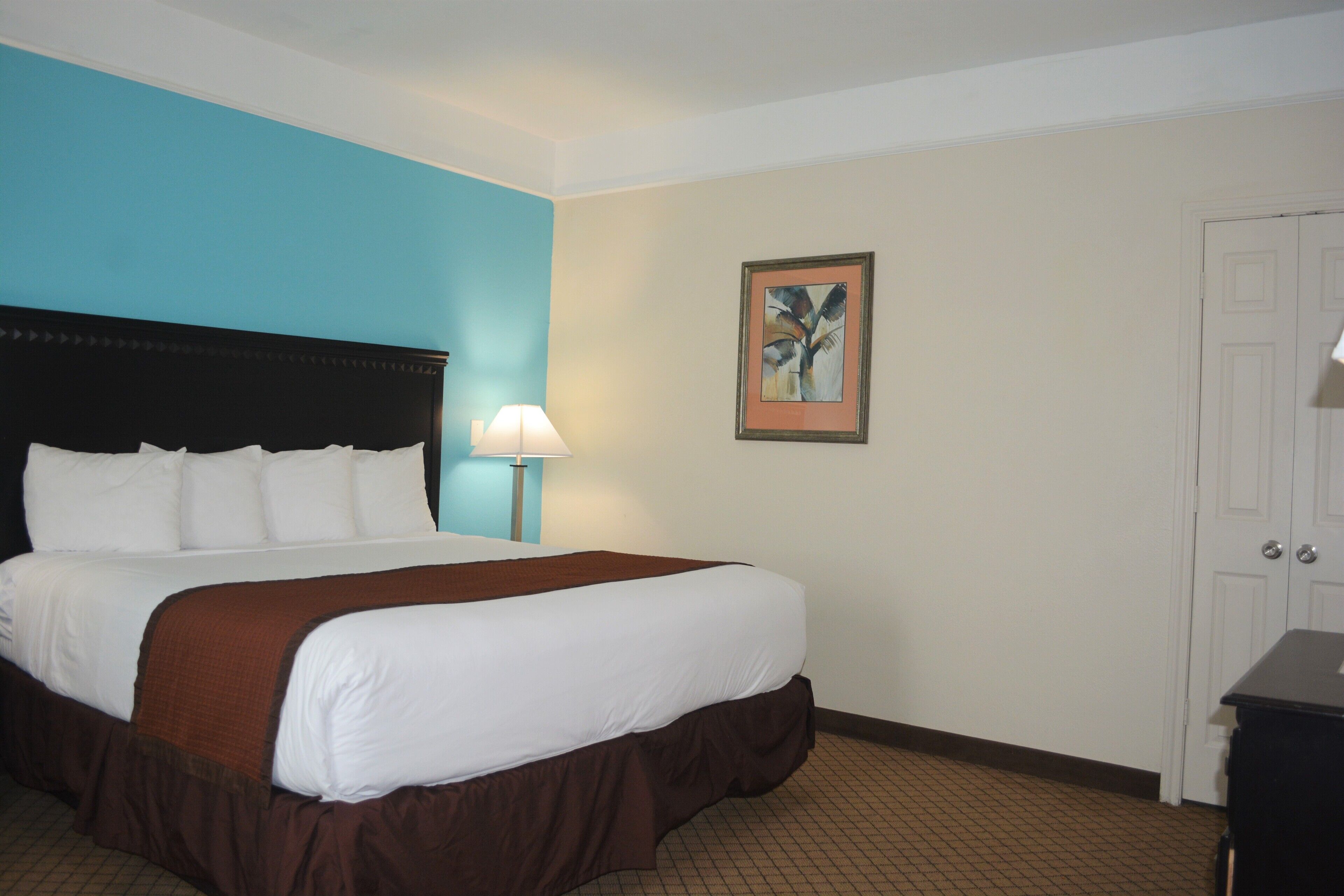 A hotel room with a large bed, a nightstand with a lamp, a framed picture on the wall, and a door.