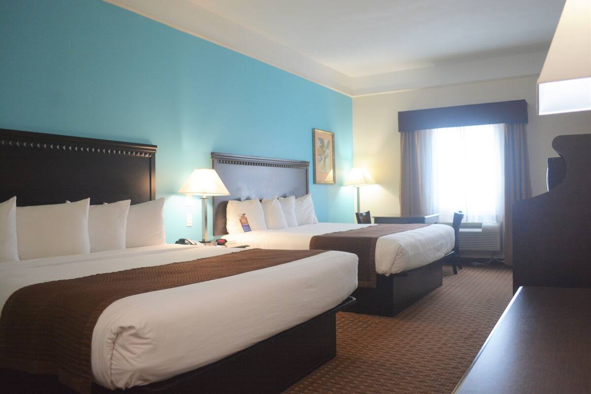 Pillow-top beds, desk, laptop workspace, iron/ironing board