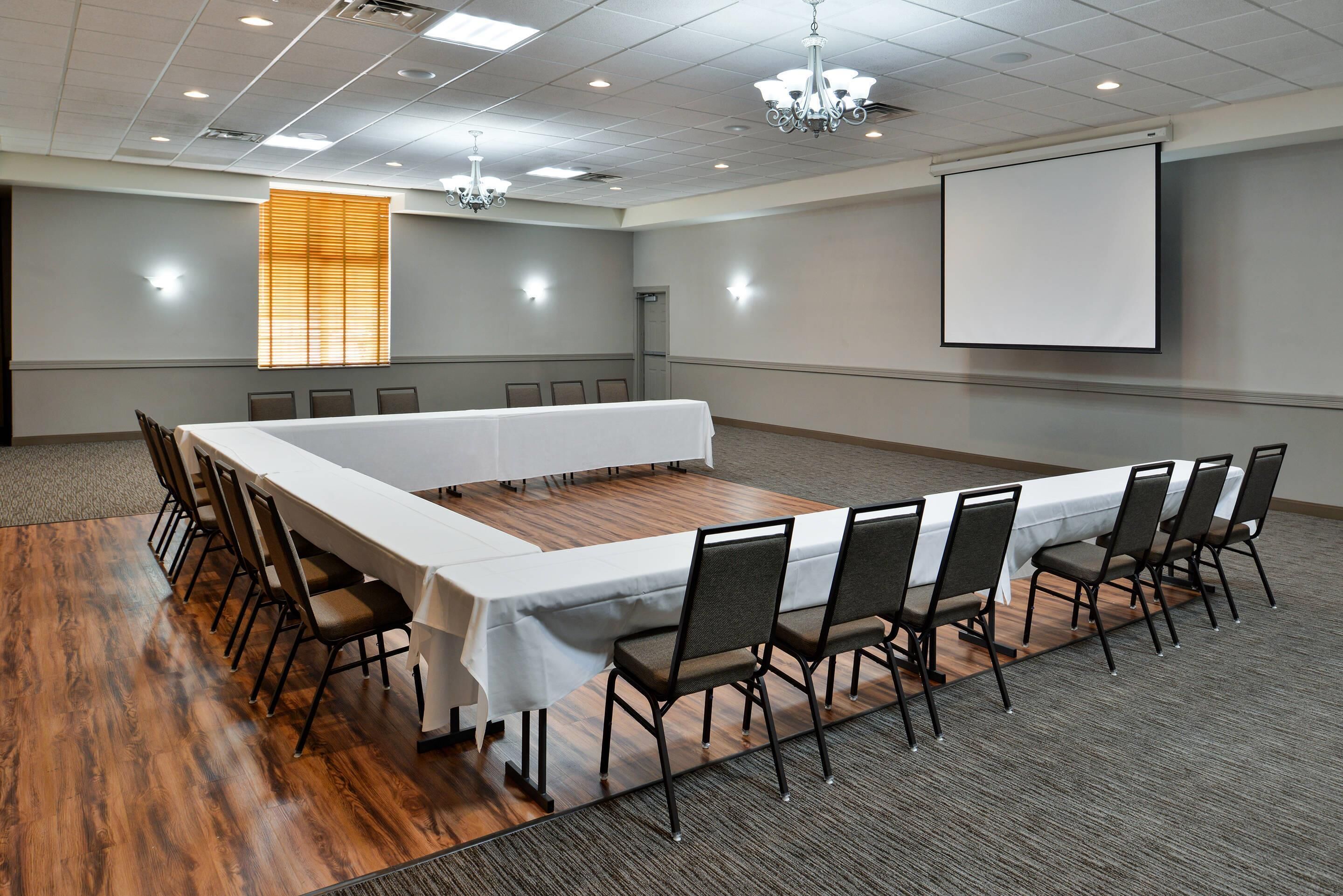 Un salón de conferencias con una larga mesa, sillas, una pantalla de proyector y una araña.