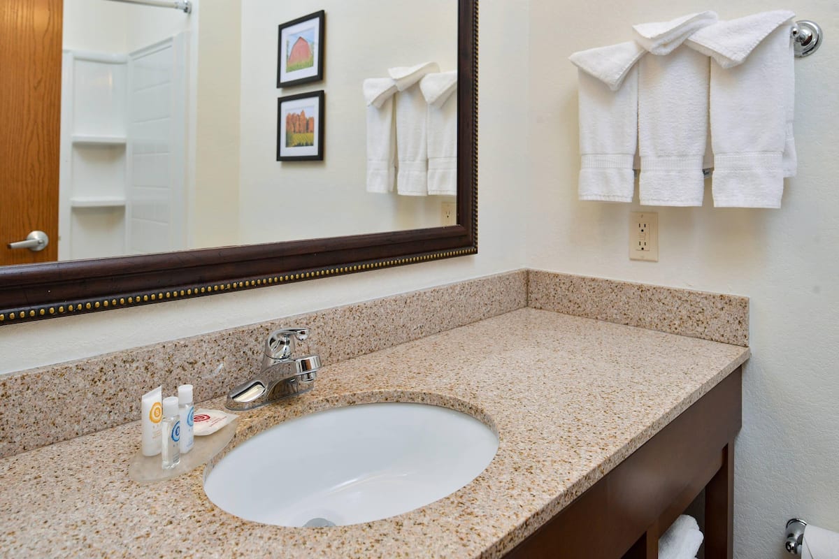 A bathroom with a granite countertop sink, a mirror, and two framed pictures on the wall.