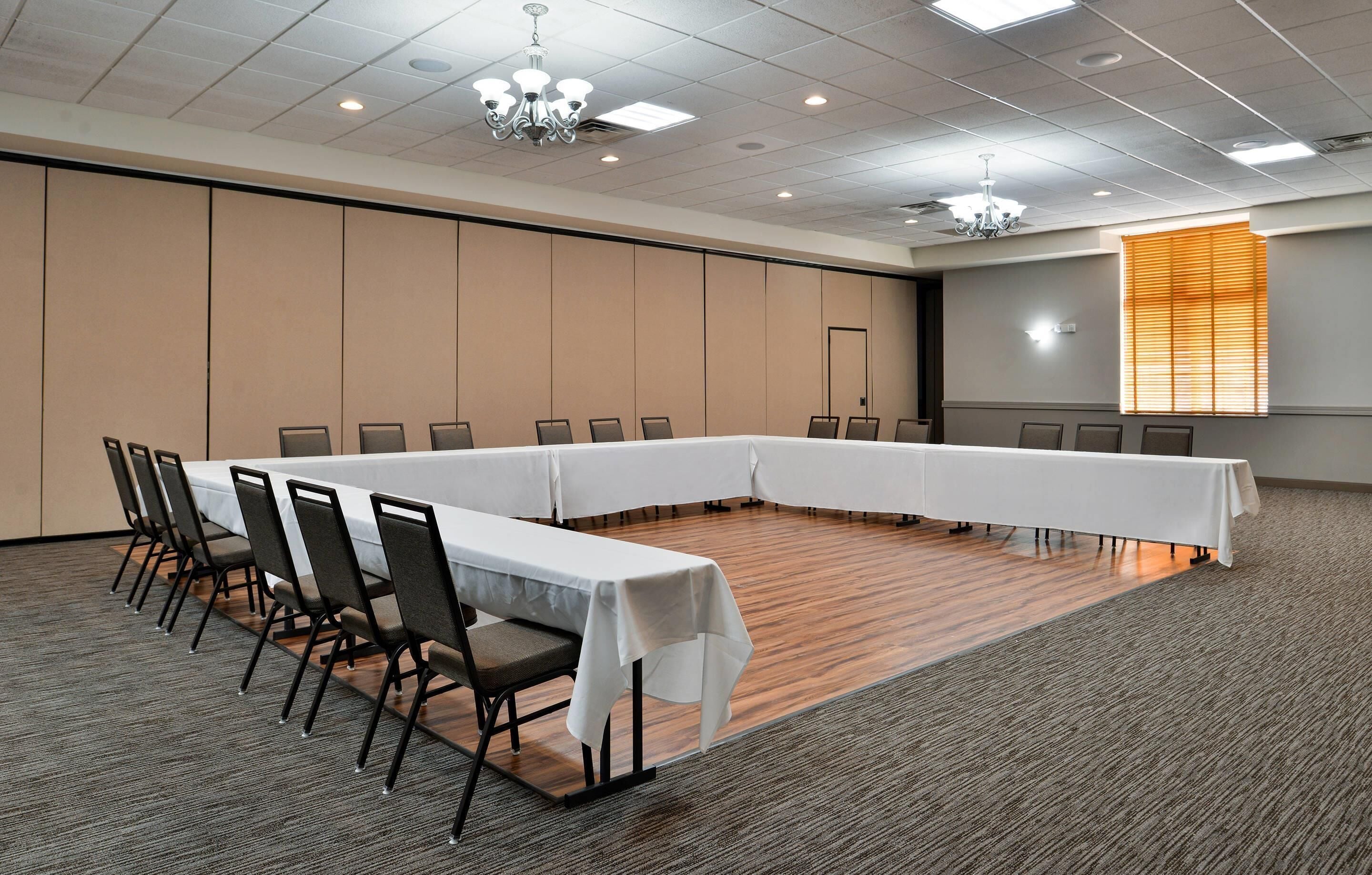 Une salle de conférence avec une longue table, des chaises, un sol recouvert de moquette et un lustre.