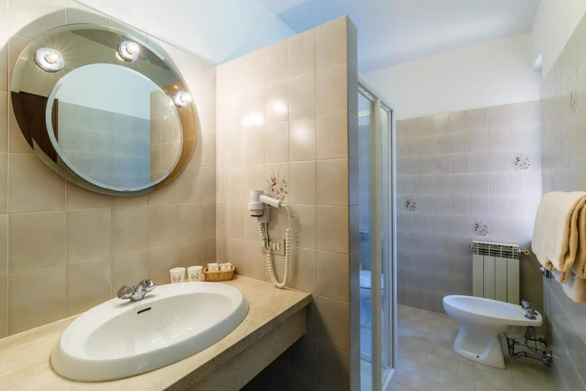 free toiletries, hair dryer, bidet, towels