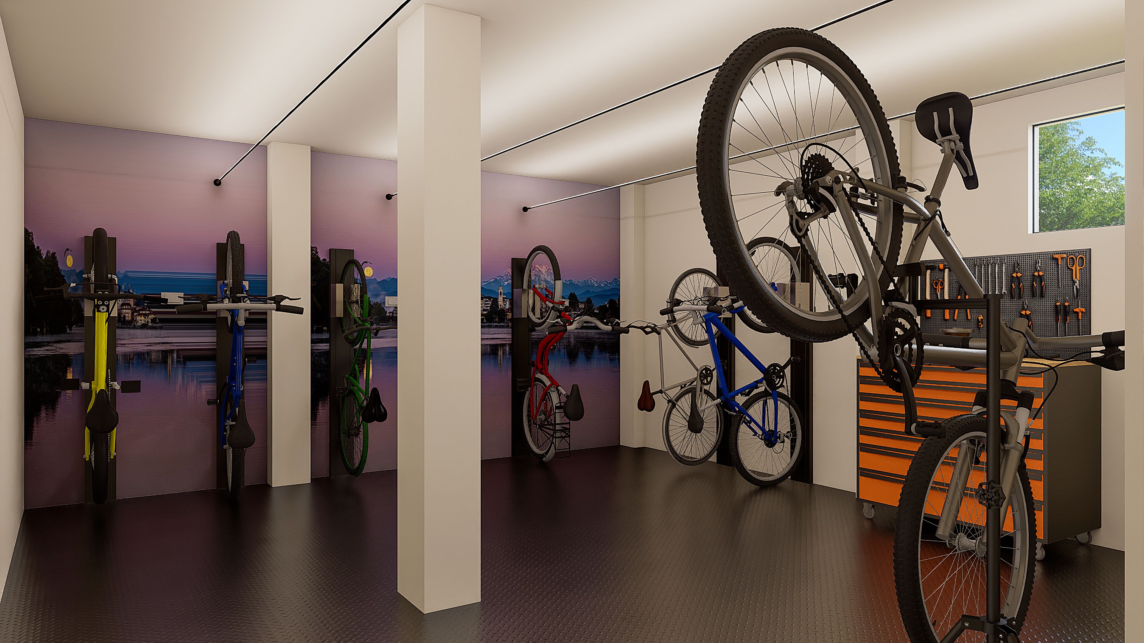 Een moderne sportschool met hometrainers, een fiets aan de muur en een prikbord met gereedschap.