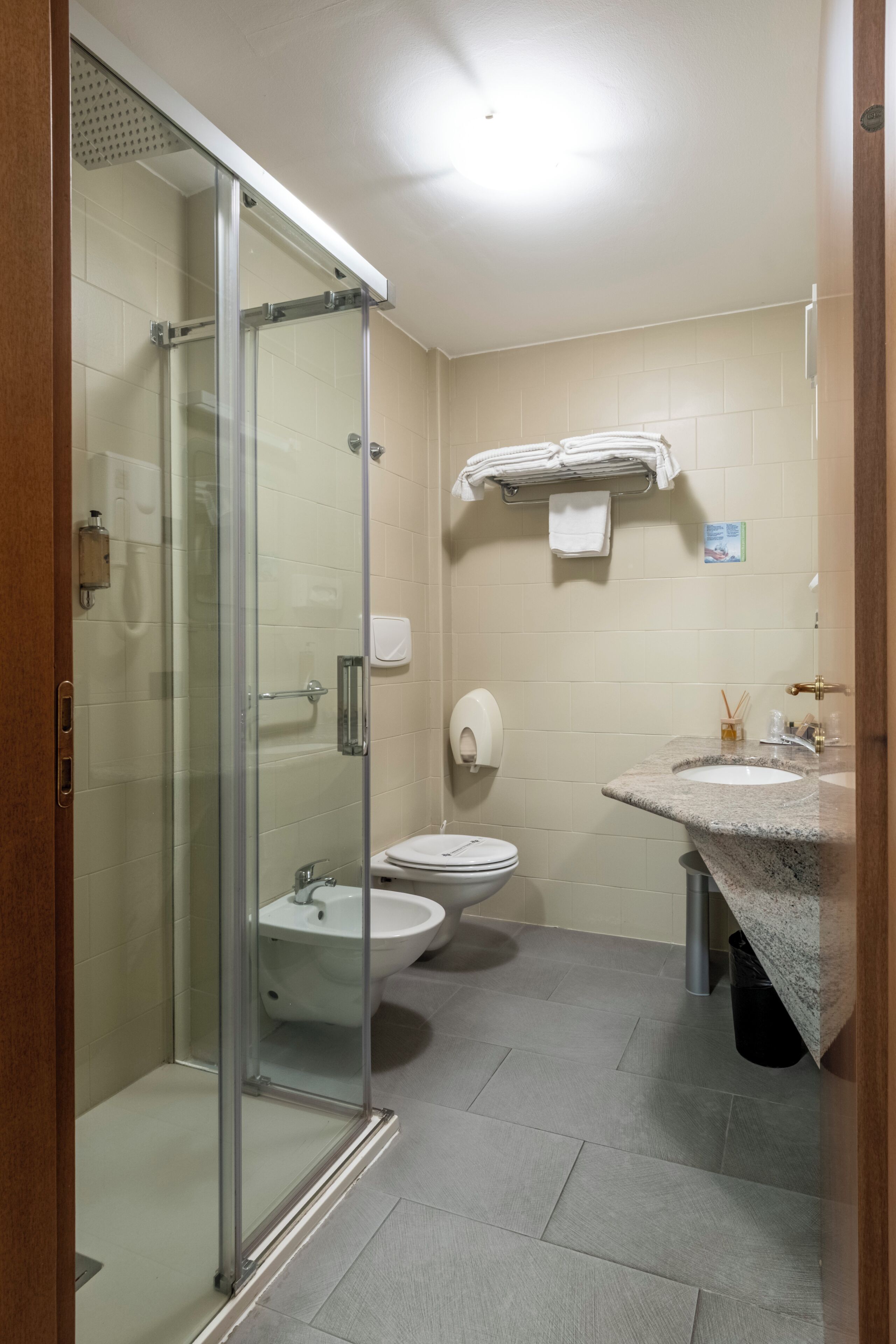 A modern bathroom with a glass shower enclosure, a white toilet, and a granite countertop sink.