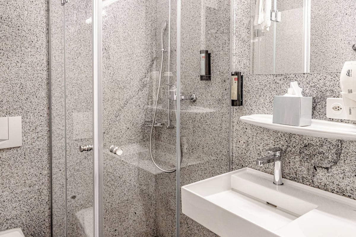 shower, eco-friendly toiletries, hair dryer, towels