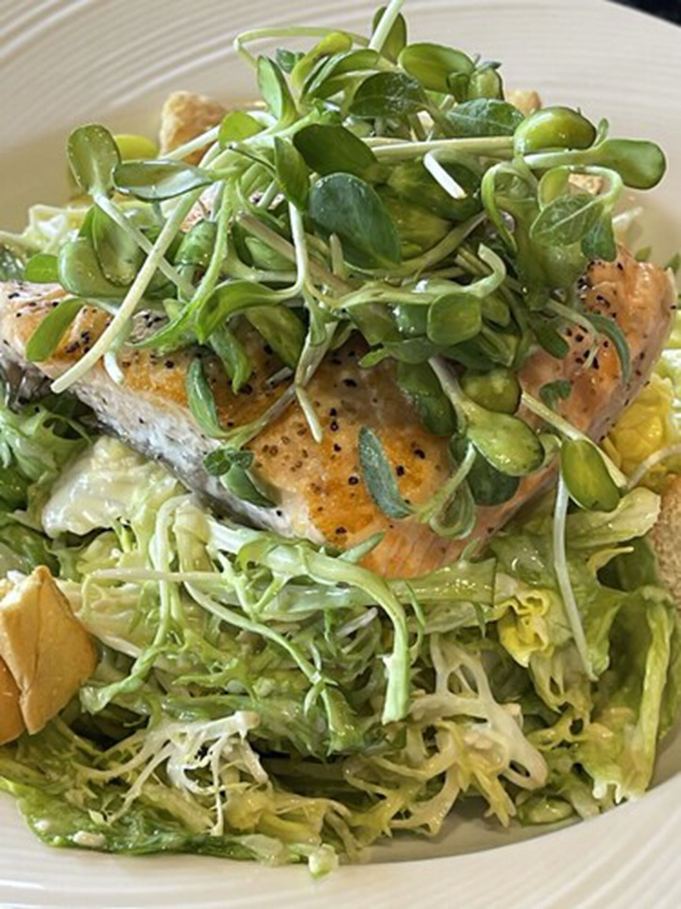 A plate of food with a piece of salmon, greens, and sprouts.