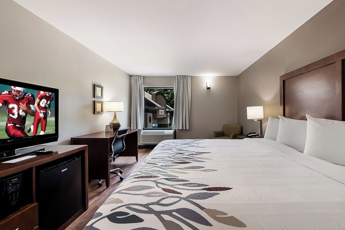 Una habitación de hotel con una cama grande, un televisor sobre un soporte de madera, un escritorio con una lámpara y una ventana con cortinas.