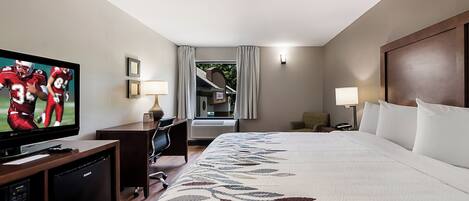 Desk, laptop workspace, blackout curtains, iron/ironing board