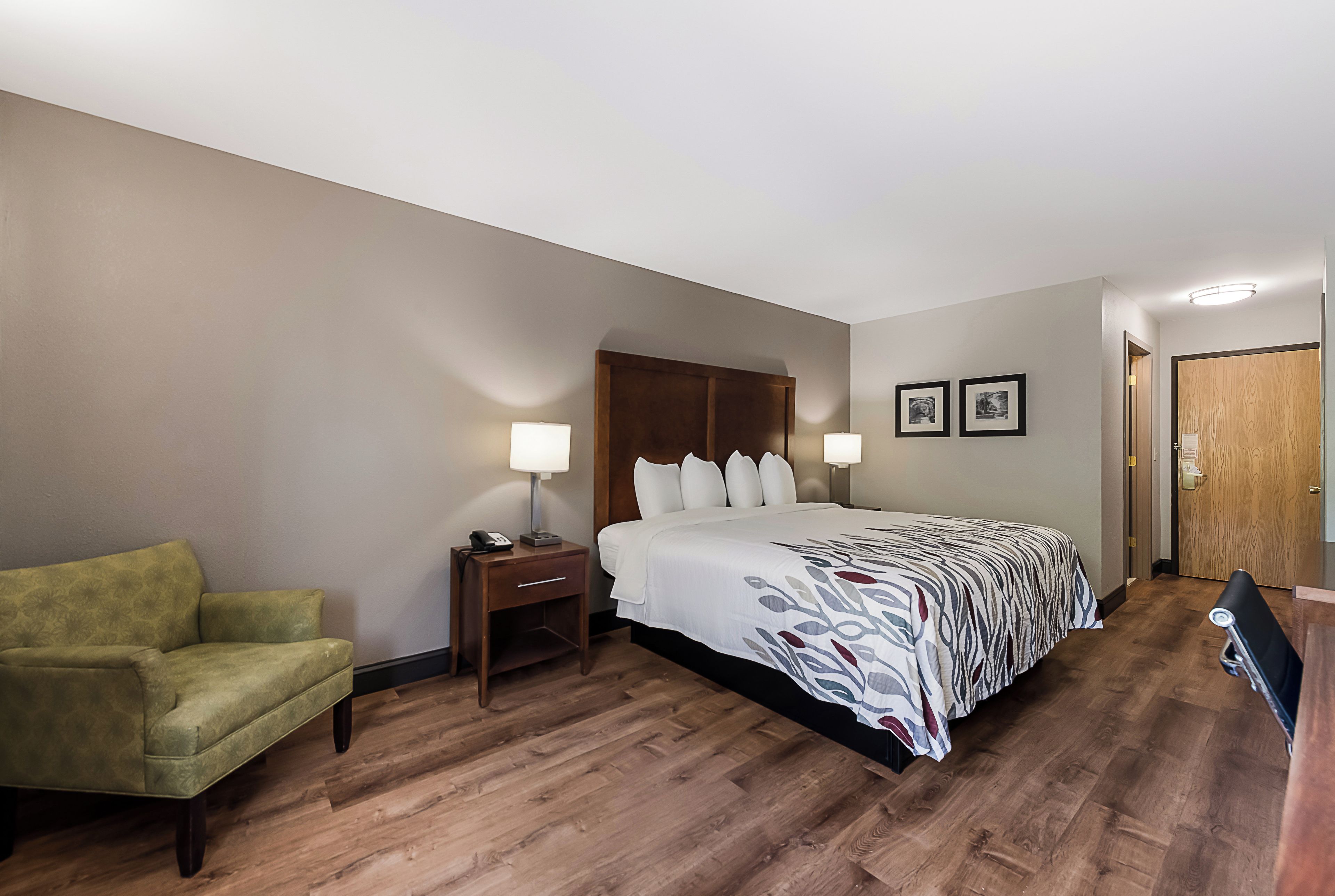 A hotel room with a bed, bedside tables, a chair, and a wooden door.