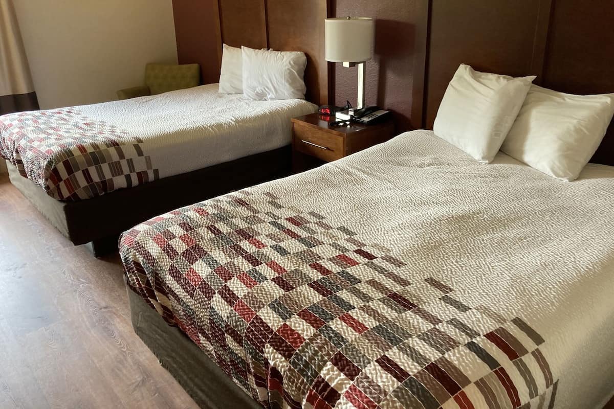 Two twin beds with white linens, a wooden headboard, a bedside table with a lamp, and a quilted bedspread.