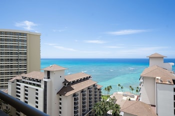 Hotel room view looking out at Embassy Suites by Hilton Waikiki Beach Walk