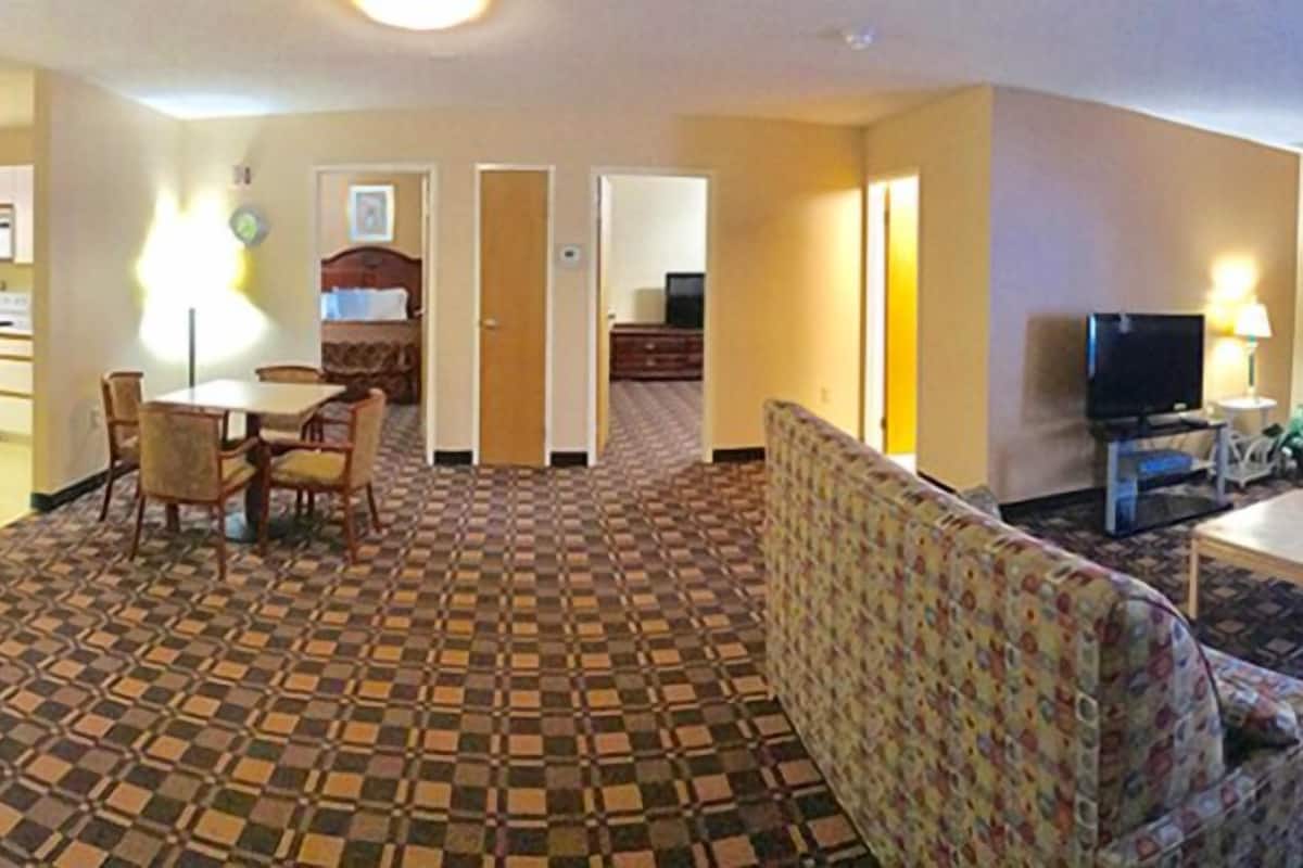 A living room with a patterned carpet, a sofa, a television, and a dining area with chairs and a table.