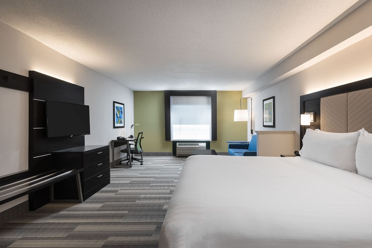 Habitación de hotel con una cama grande, televisión de pantalla plana, escritorio con silla y ventana con persianas.