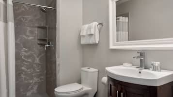 A modern bathroom with a shower, toilet, sink, and a mirror.