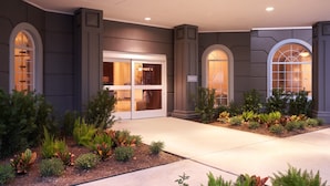 A hotel entrance with a modern design, featuring a large glass door, arched windows, and a landscaped garden with various plants and flowers. - Hotel Vesper, Houston, a Tribute Portfolio Hotel (Houston)