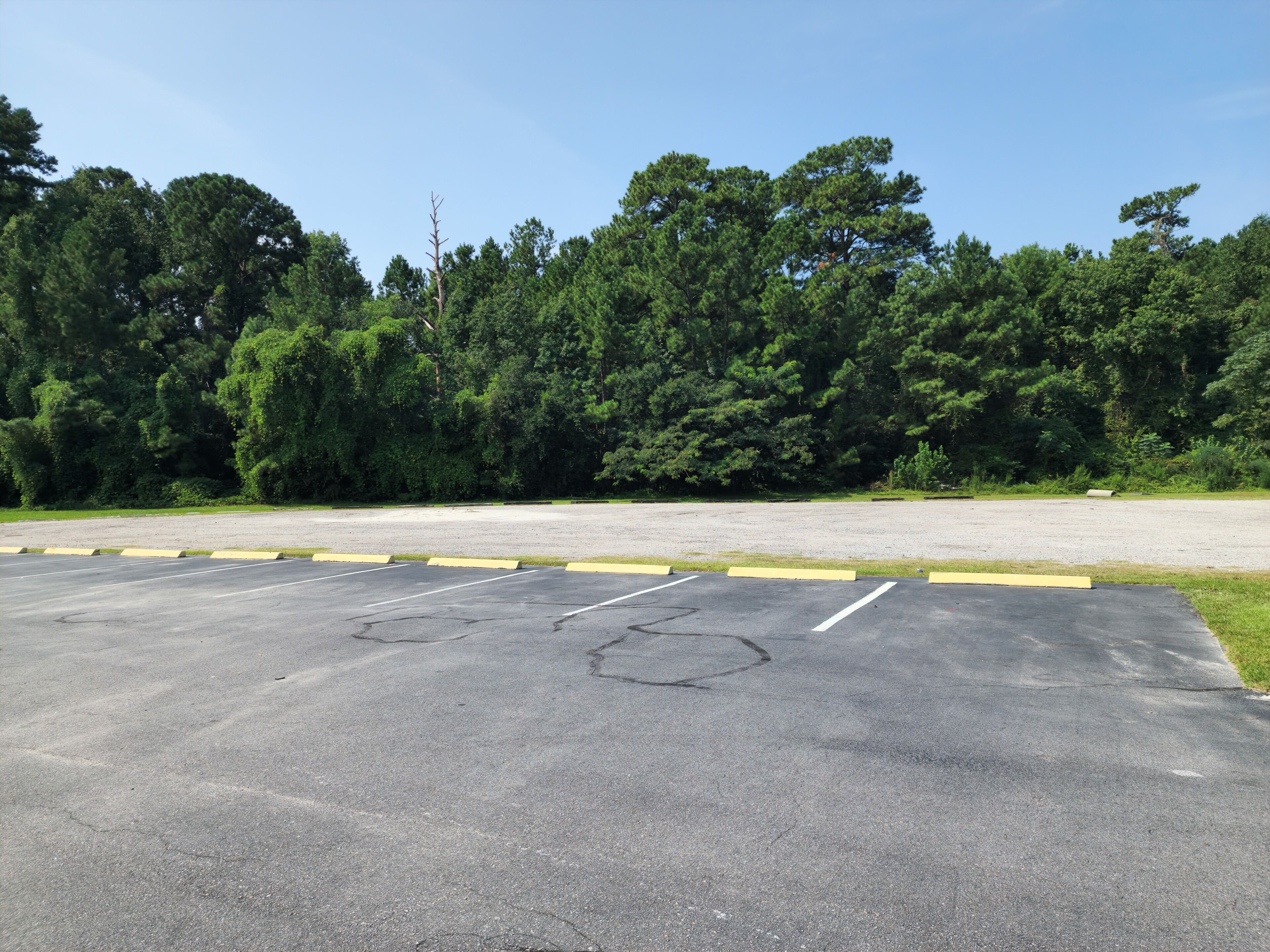 A parking lot with marked spaces and a grassy area in front.