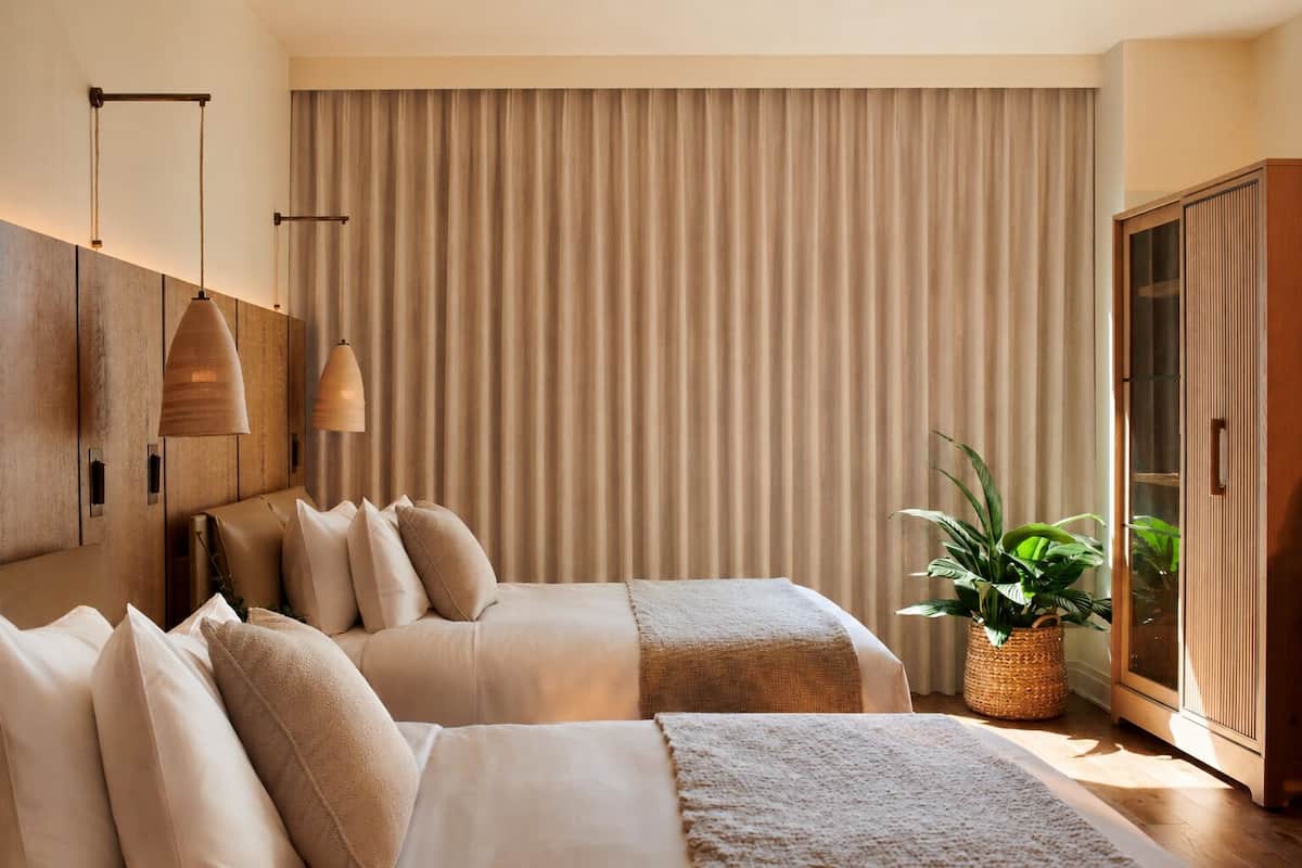 A hotel room with two beds, a large window with curtains, a plant, and a wardrobe.