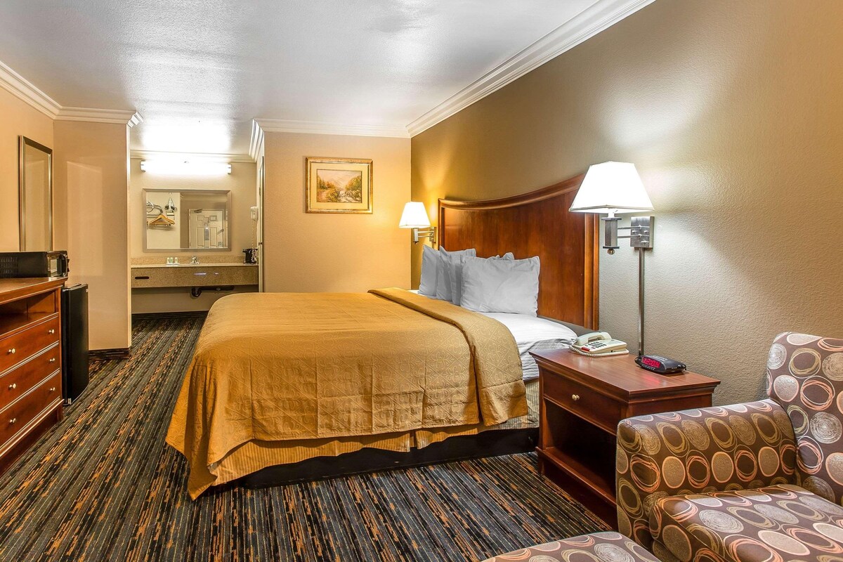 A hotel room with a bed, a desk, a chair, a lamp, a mirror, and a dresser.