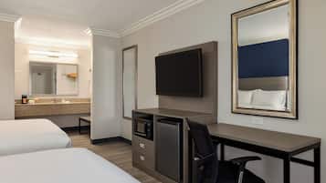 Desk, laptop workspace, blackout curtains, iron/ironing board