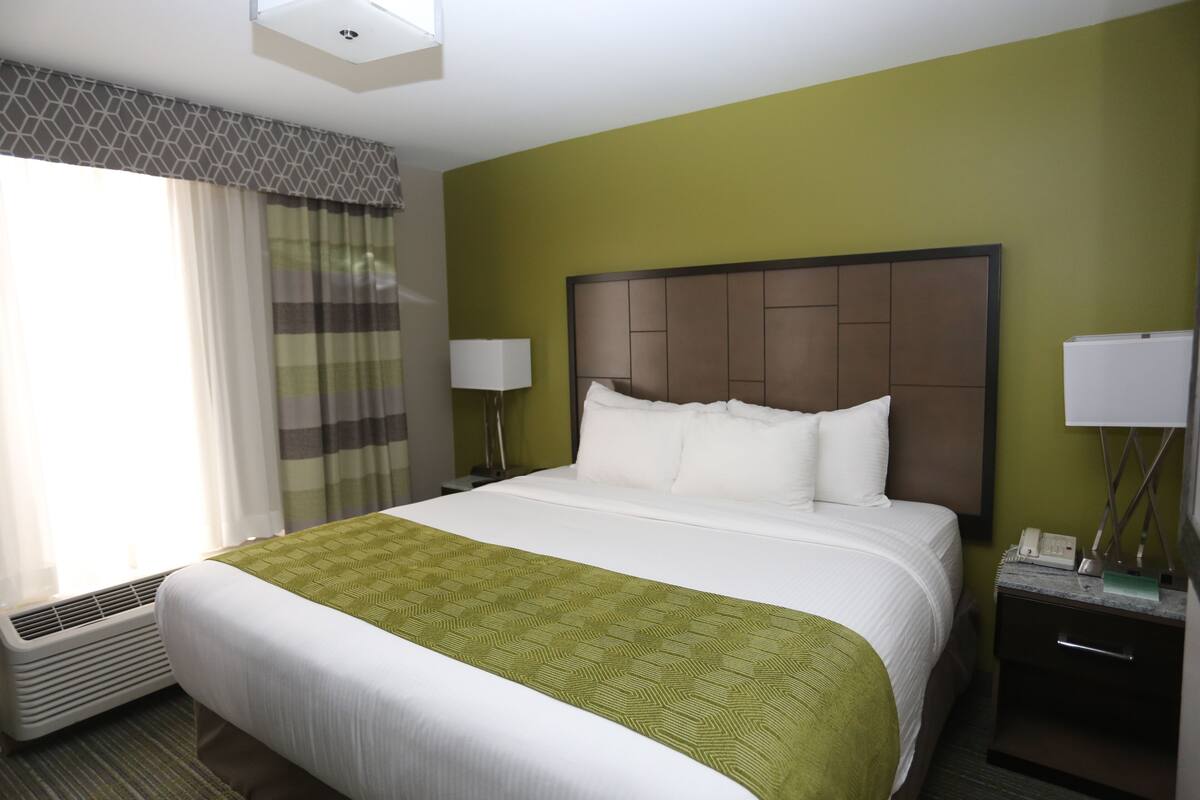 Une chambre d’hôtel avec un grand lit, des murs verts, une fenêtre avec des rideaux et des lampes de chevet.