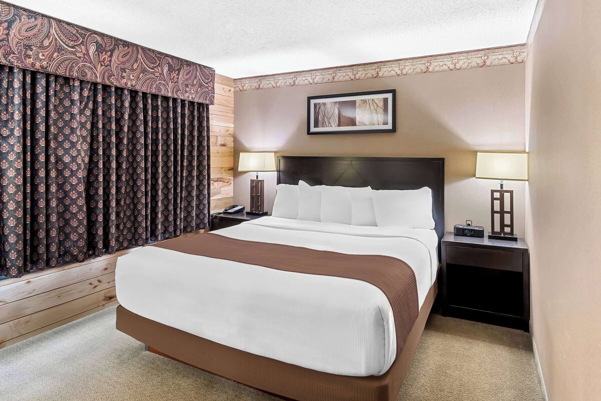 A hotel room with a large bed, two bedside tables with lamps, a framed picture on the wall, and a patterned curtain.