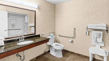 Une salle de bain moderne équipée d’un lavabo, de toilettes et d’une douche. Elle comprend également des barres d’appui et un porte-serviettes.