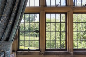 A room with a large window featuring a grid pattern, curtains with a floral design, and a view of greenery outside.