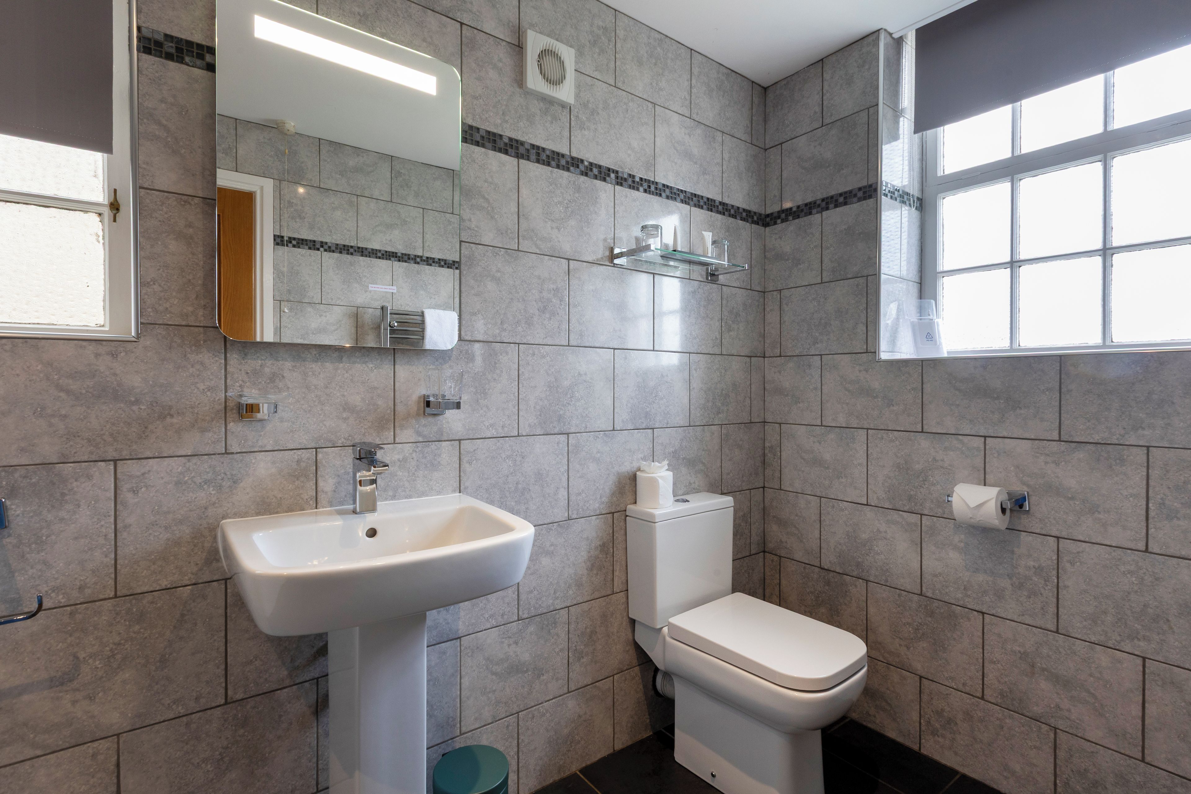 A bathroom with a white sink, a toilet, and a mirror.