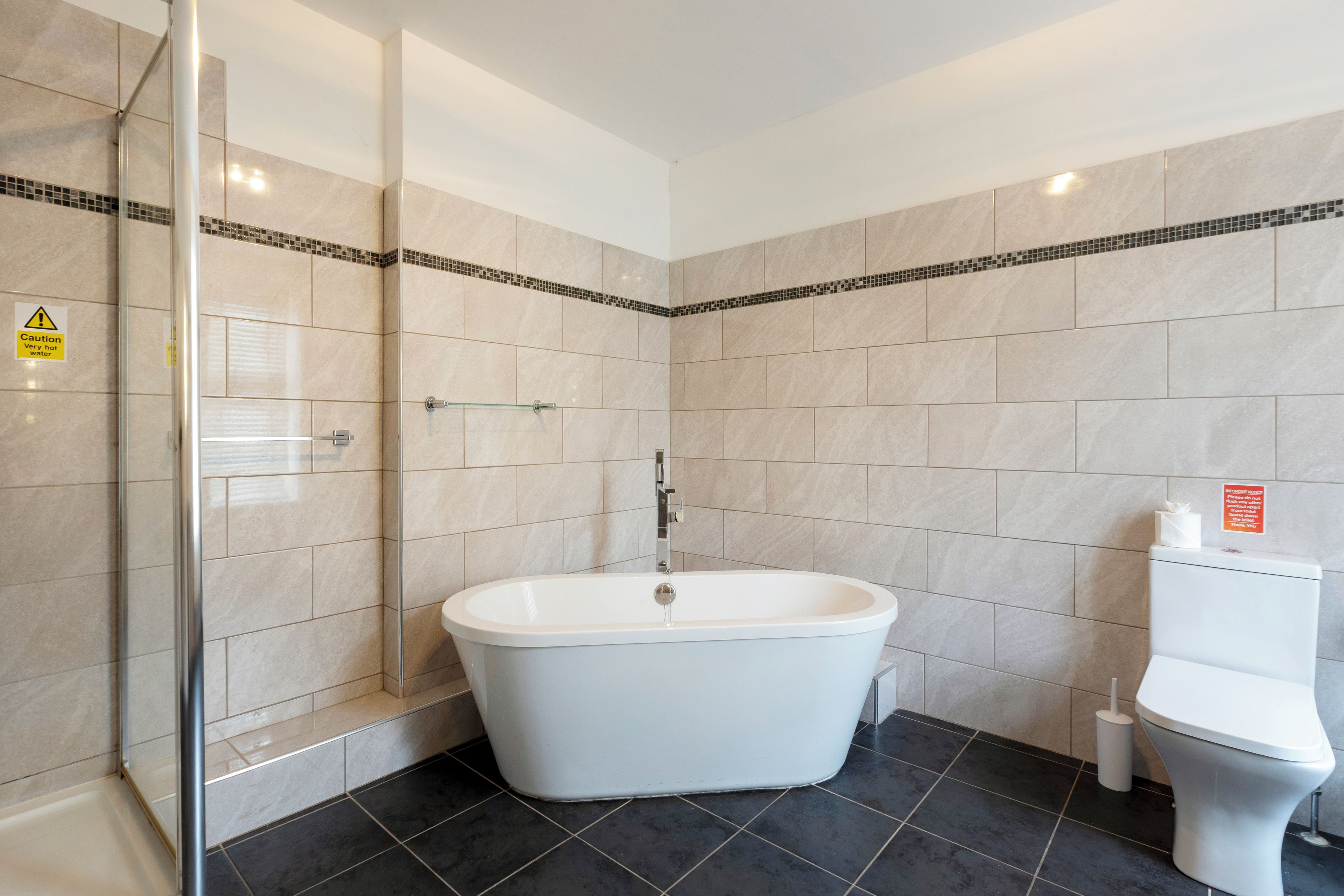 A bathroom with a freestanding bathtub, a glass shower enclosure, and a toilet.