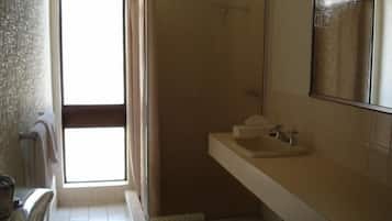 A bathroom with a shower, a sink, and a mirror.