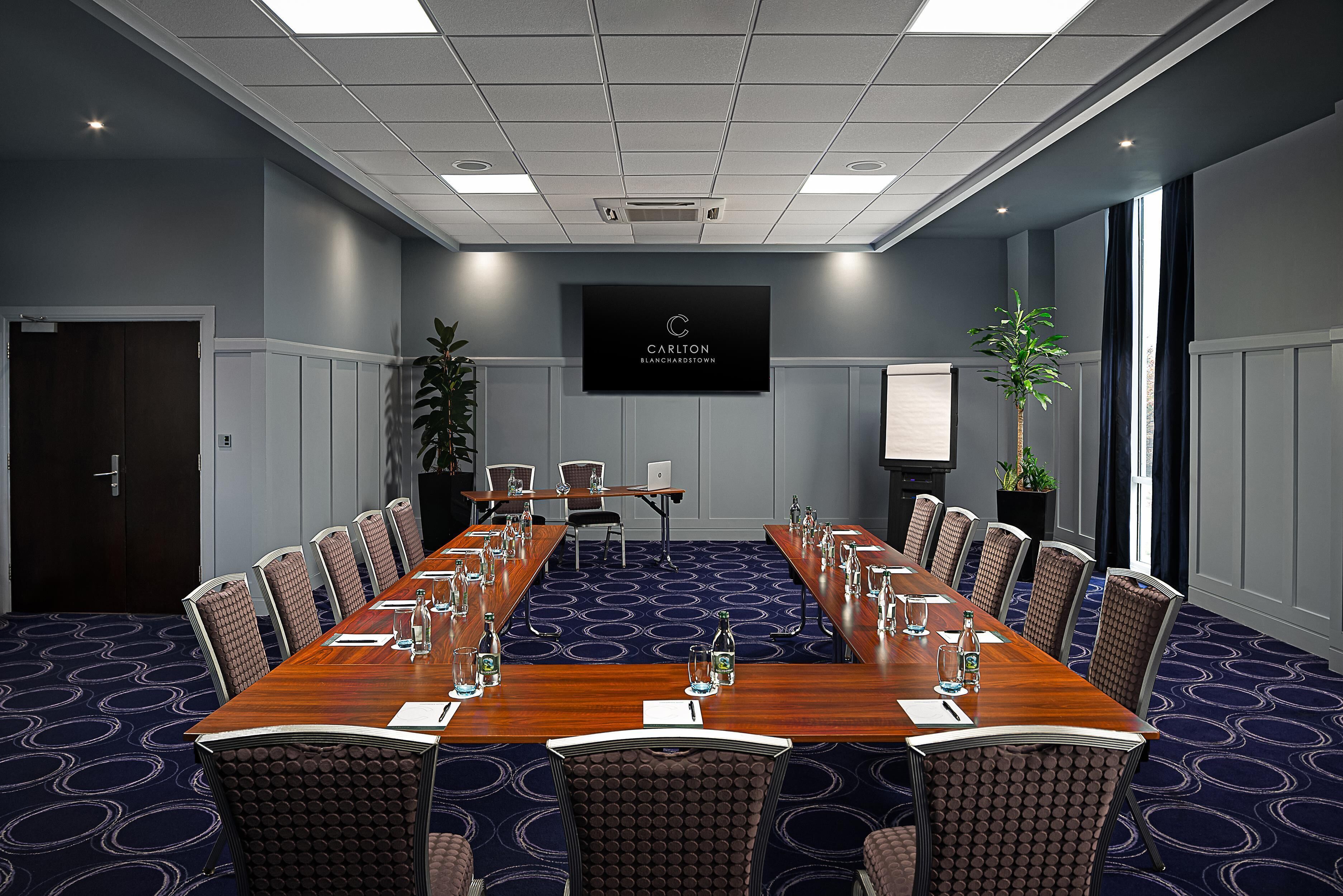 A conference room with a long table, chairs, a projector screen, and a potted plant.