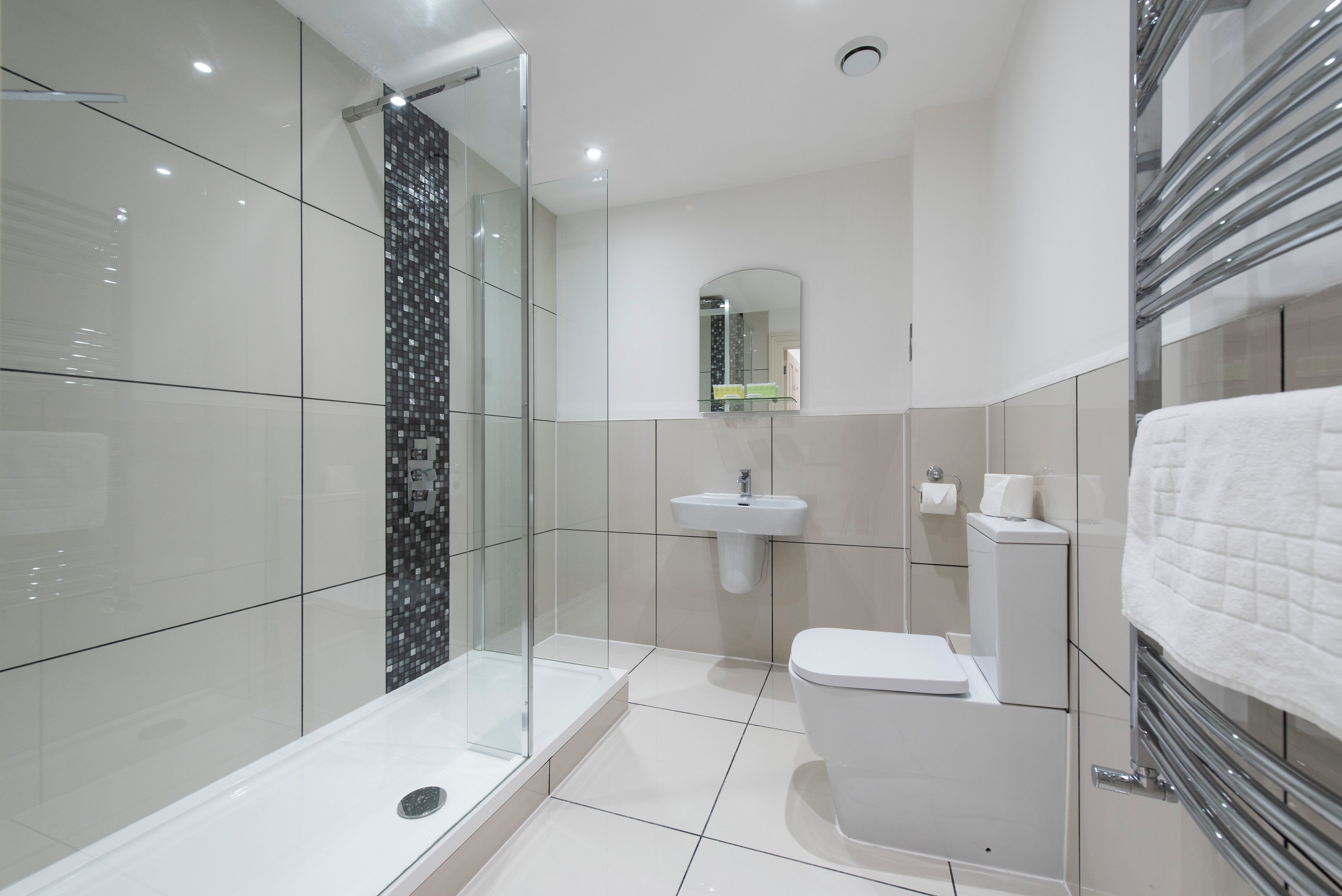 A modern bathroom with a glass shower enclosure, a white toilet, and a sink.