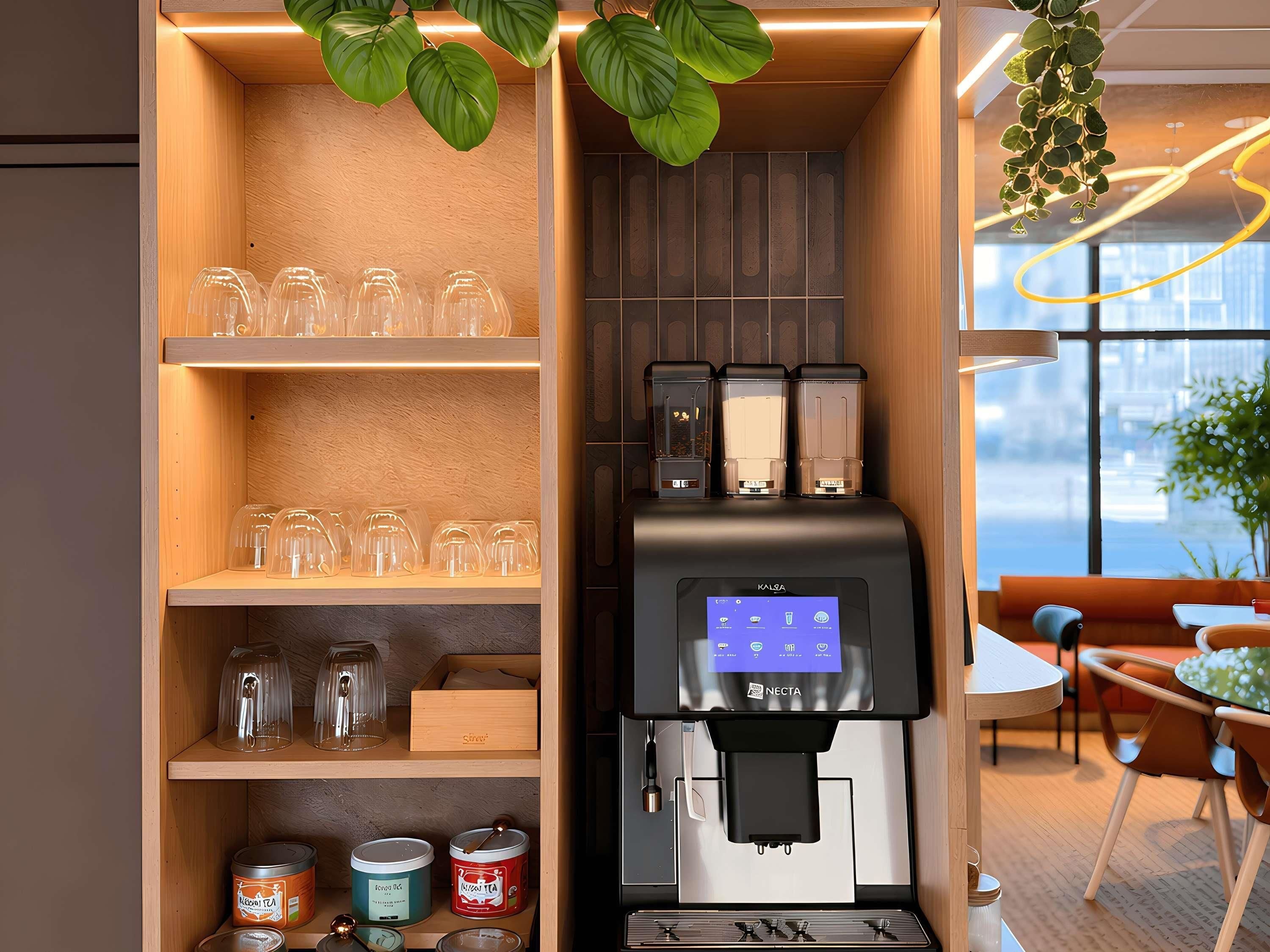 Une machine à café dotée d’un écran numérique, des verres élégants disposés sur des étagères et une vue sur la ville grâce à de grandes fenêtres.