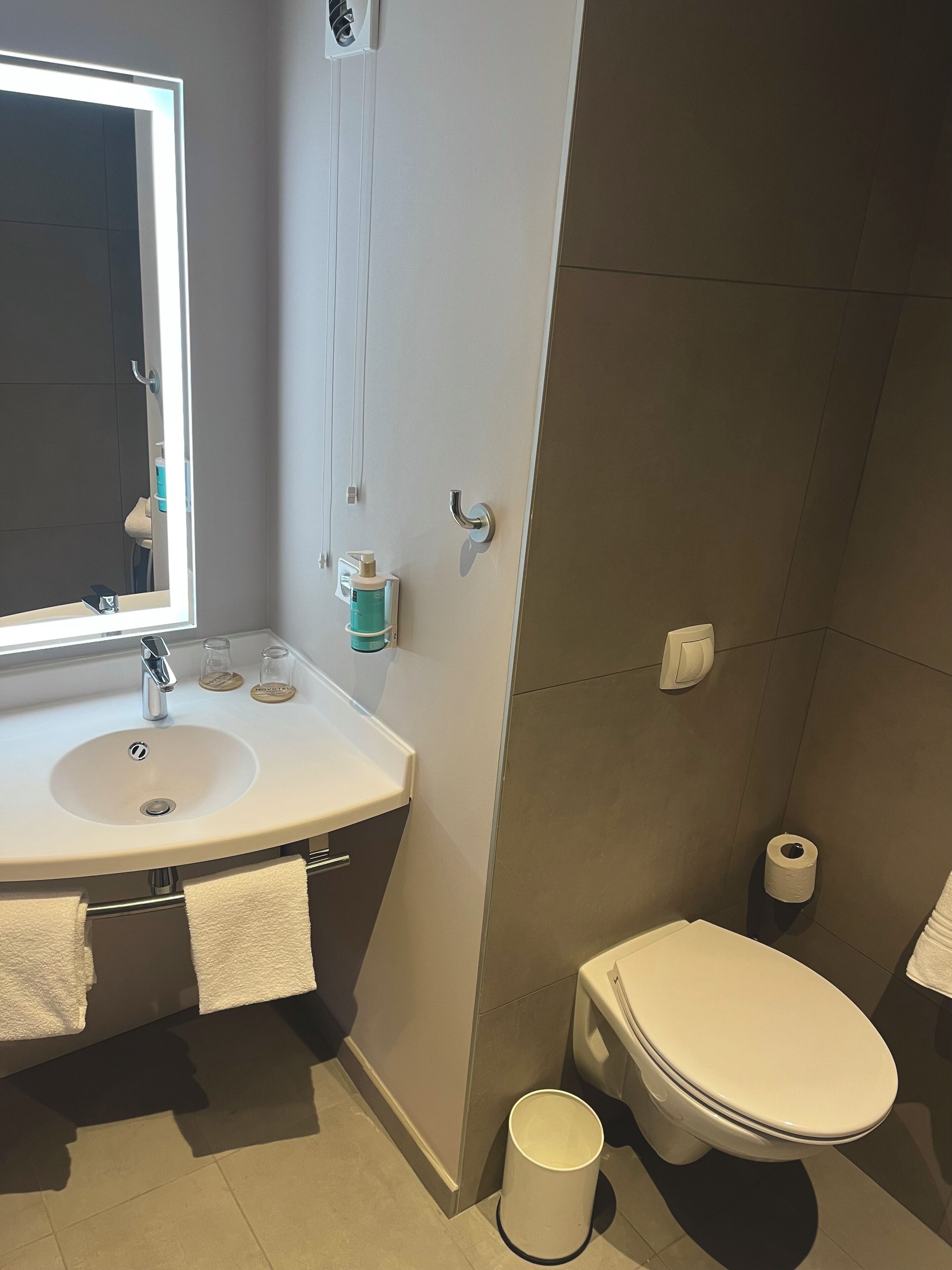 Ein modernes Badezimmer mit Waschbecken, Spiegel, Handtuchhalter, Toilette und Mülleimer.
