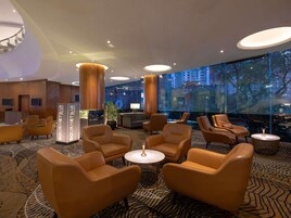 A modern hotel lobby with leather chairs, a reception desk, and large windows offering a city view.