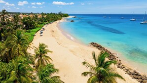 Una playa con aguas turquesas cristalinas, palmeras y una fila de sombrillas.