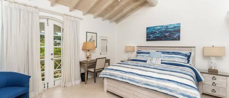 A bedroom with a bed, a desk, and a chair.