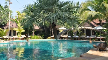 Outdoor pool, open 8:00 AM to 8:00 PM, pool umbrellas, sun loungers