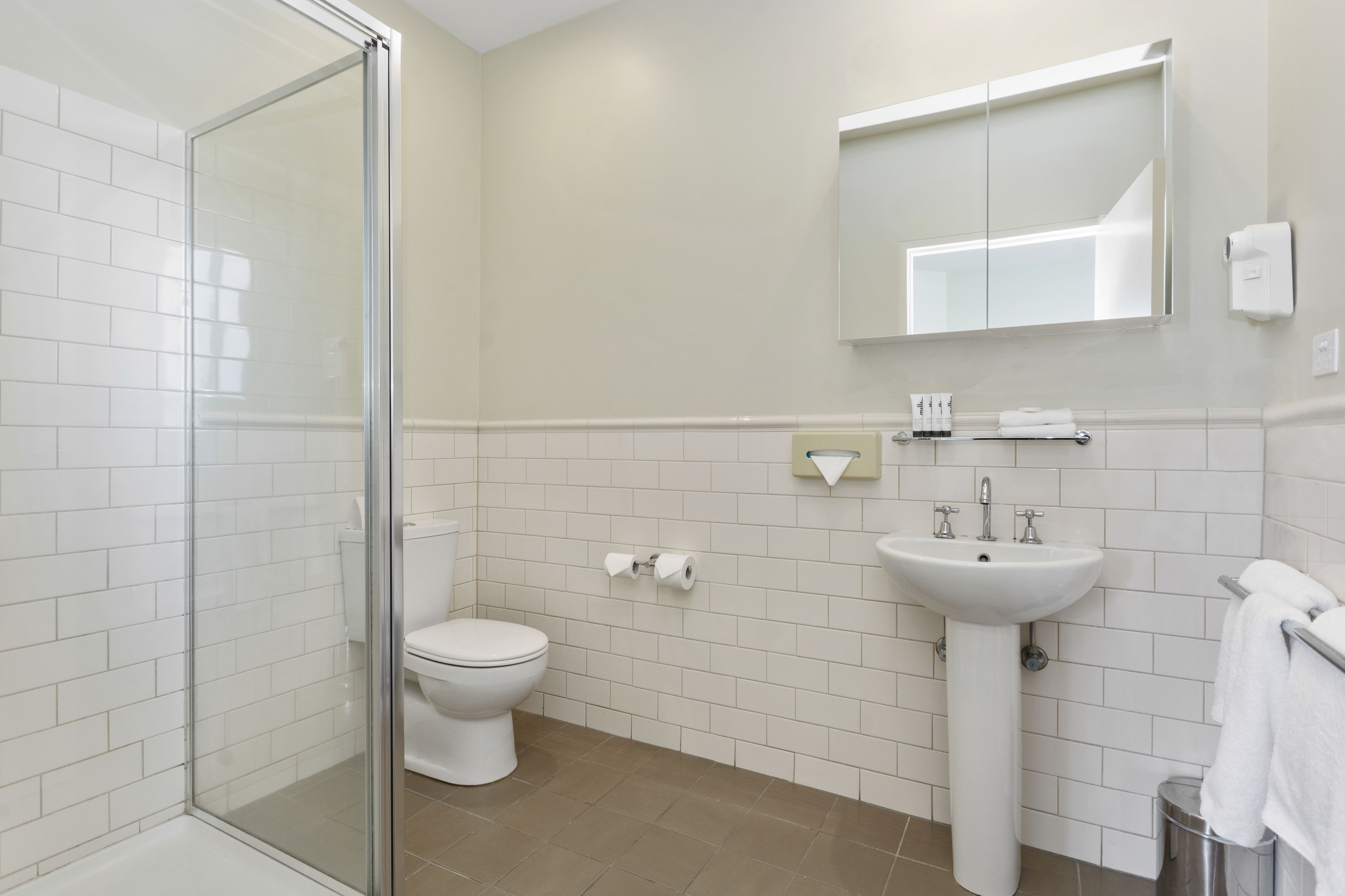 A modern bathroom with a glass shower enclosure, a toilet, a sink, and a mirror.