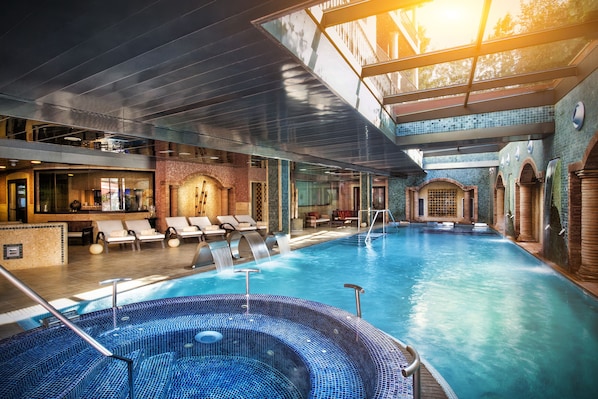 Indoor pool, outdoor pool, pool loungers