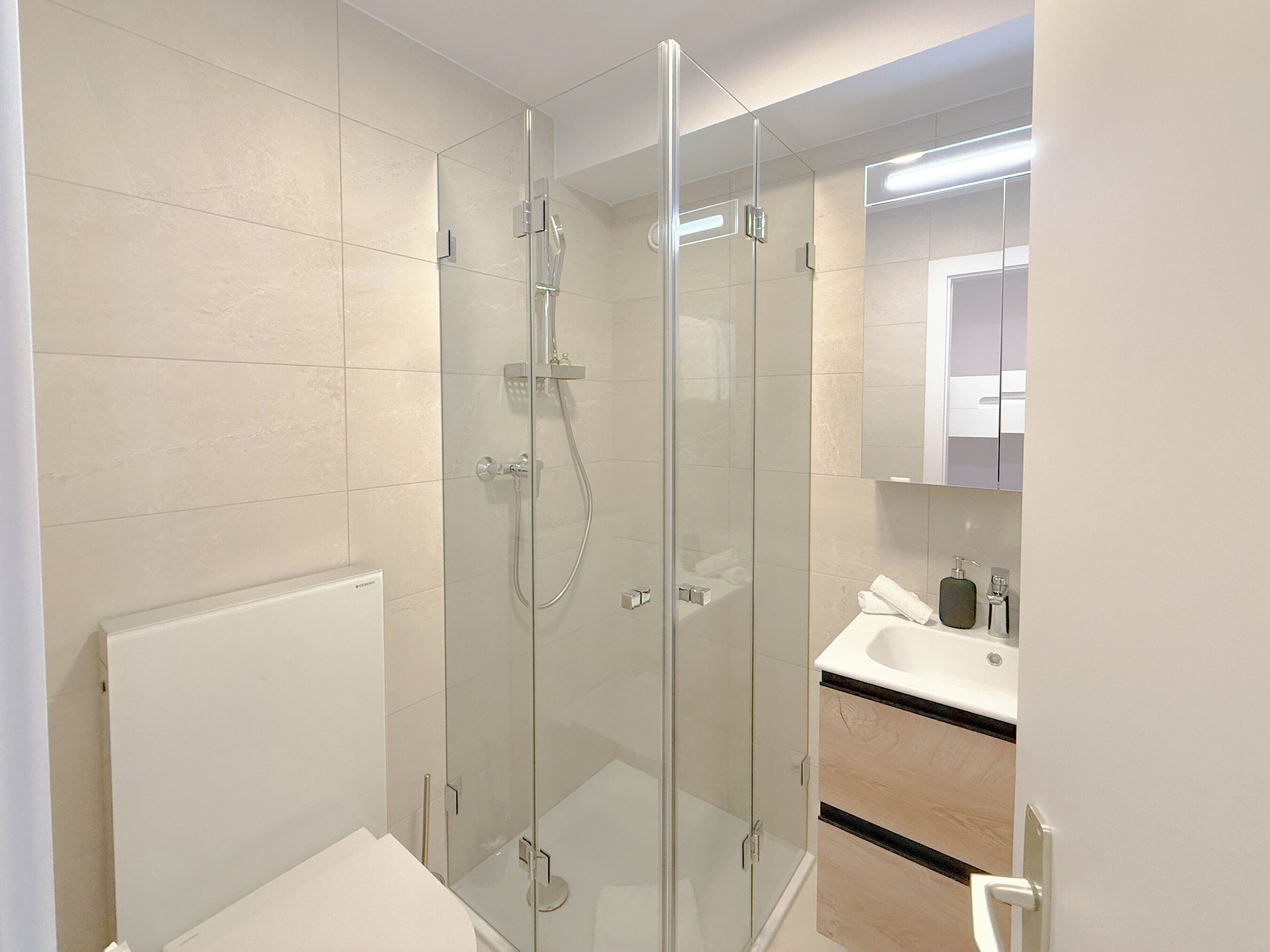 Un baño moderno con ducha envuelta en vidrio, un lavabo blanco y un espejo sobre él.