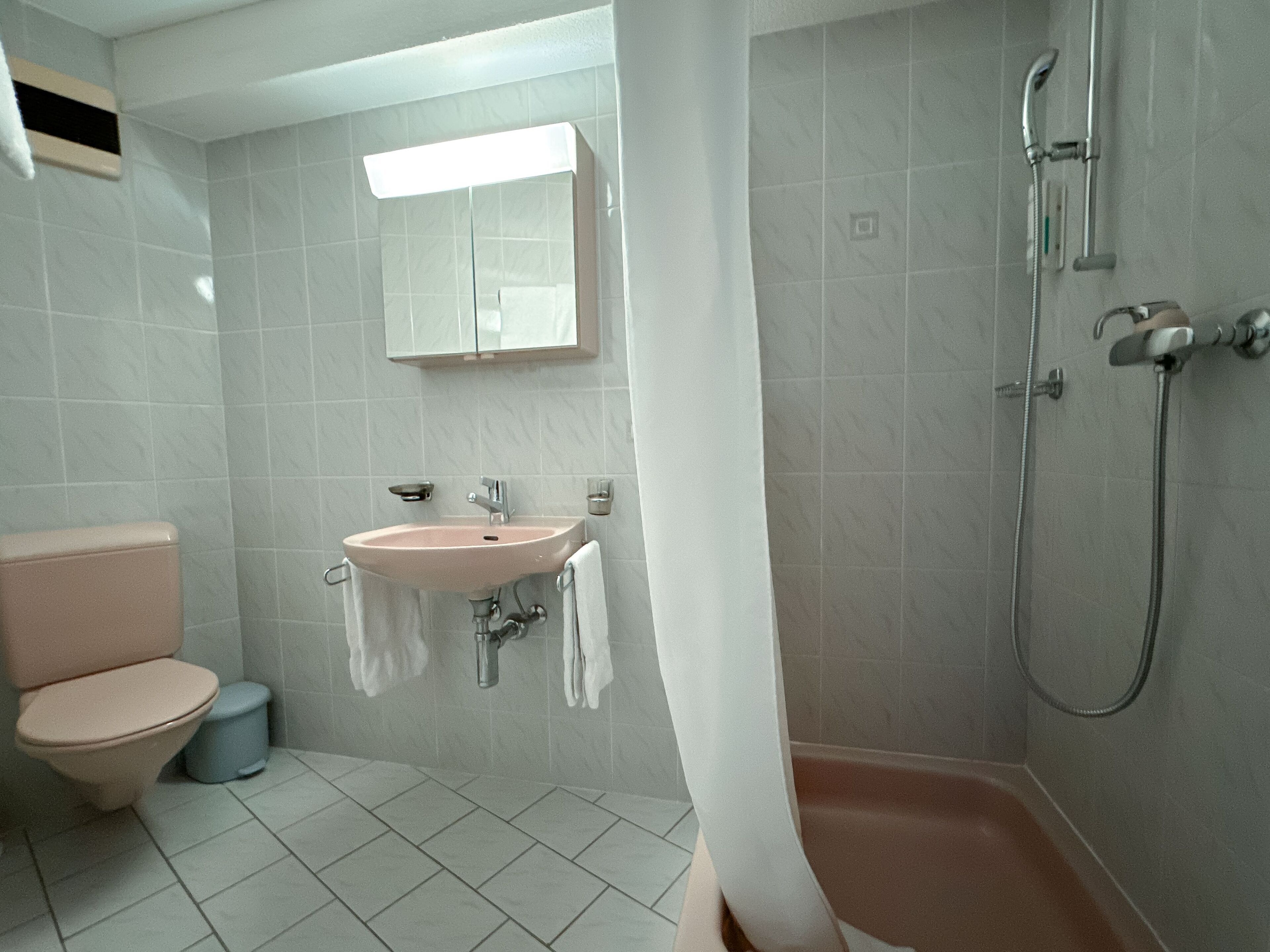 A bathroom with a toilet, sink, shower, and a mirror above the sink.