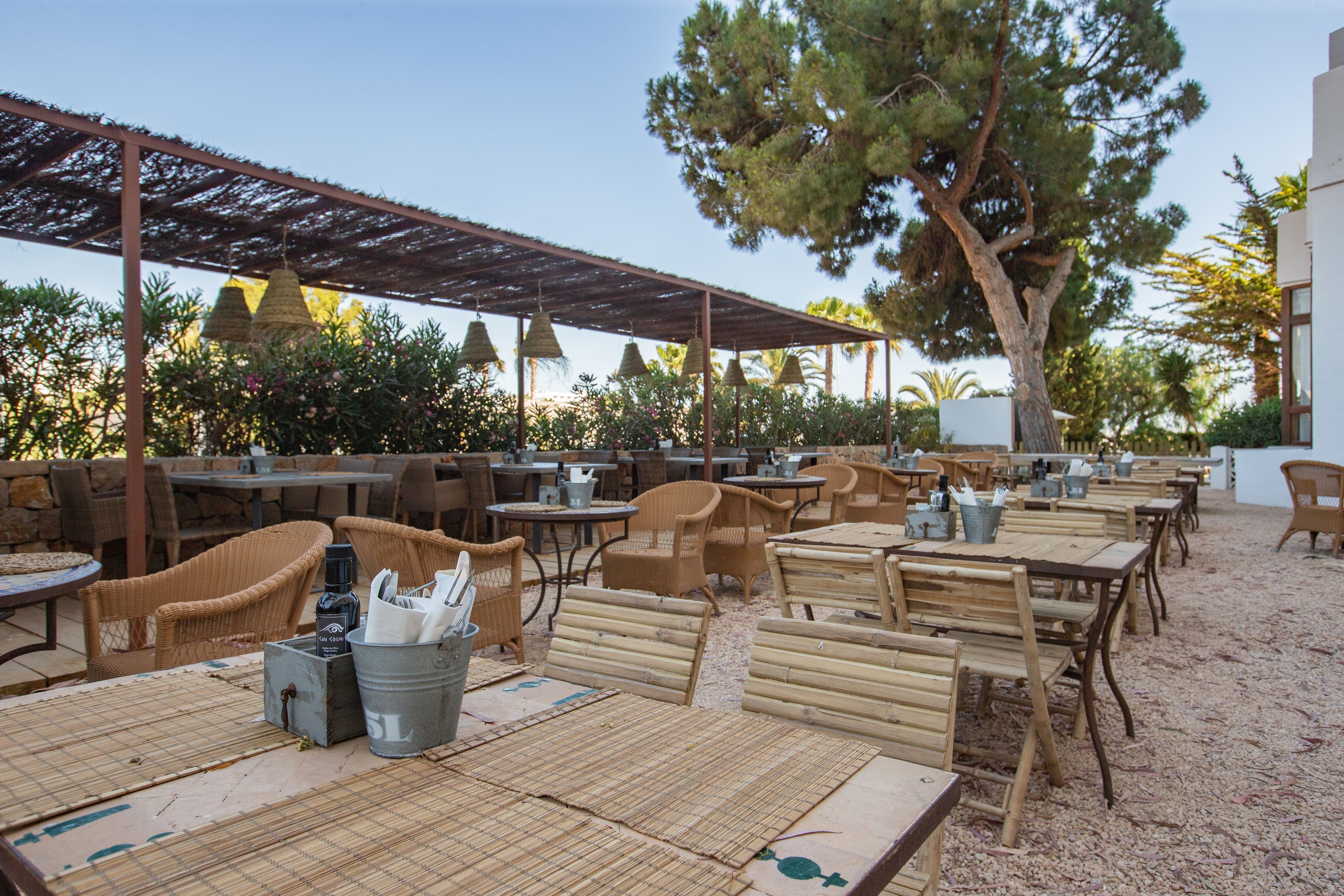 Un espace extérieur aménagé avec des chaises et des tables en osier, une pergola et un grand arbre qui offre de l’ombre.