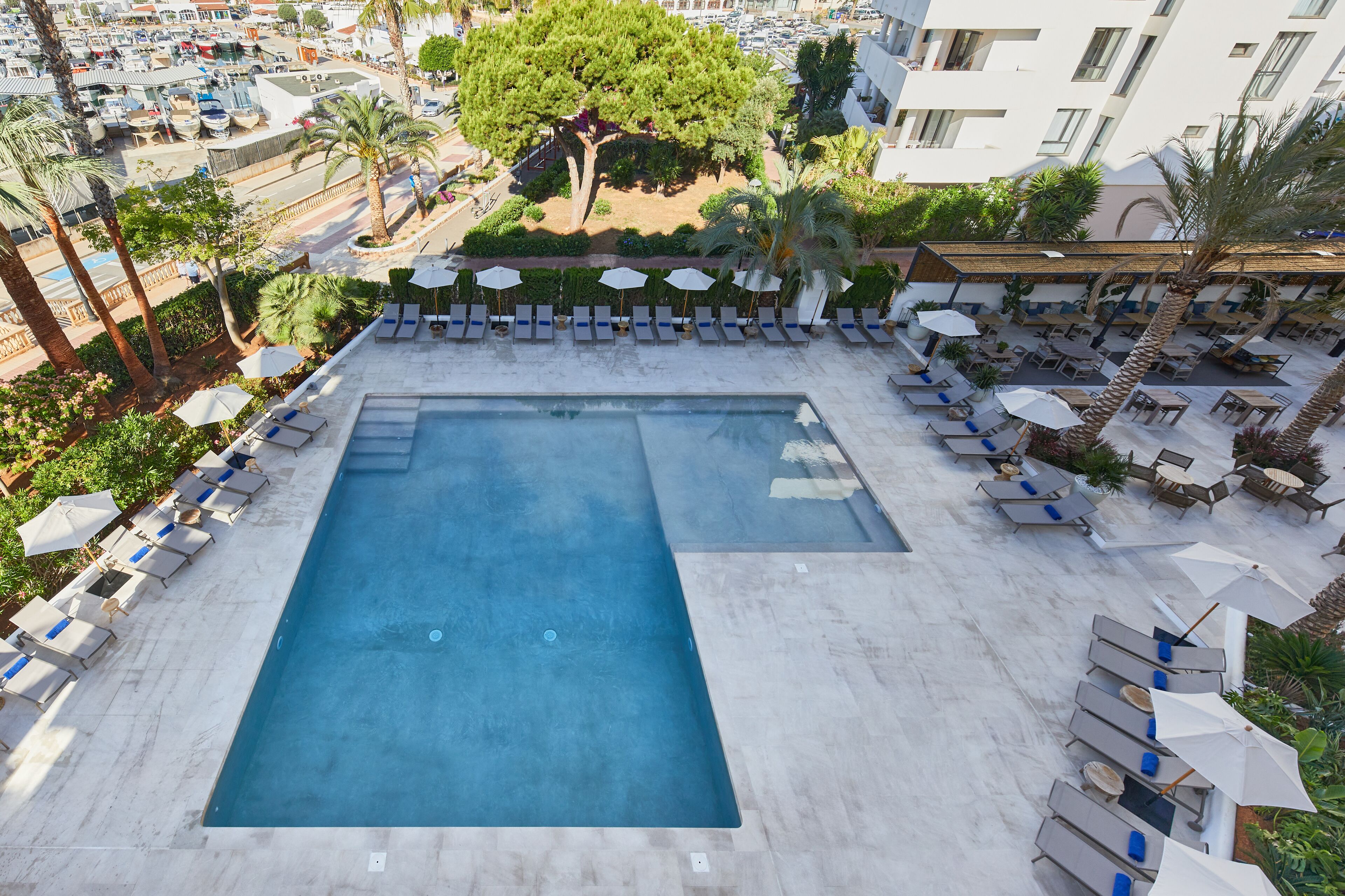 Ein Pool auf dem Dach mit Liegestühlen und Sonnenschirmen, umgeben von Palmen und Blick auf die Stadt.