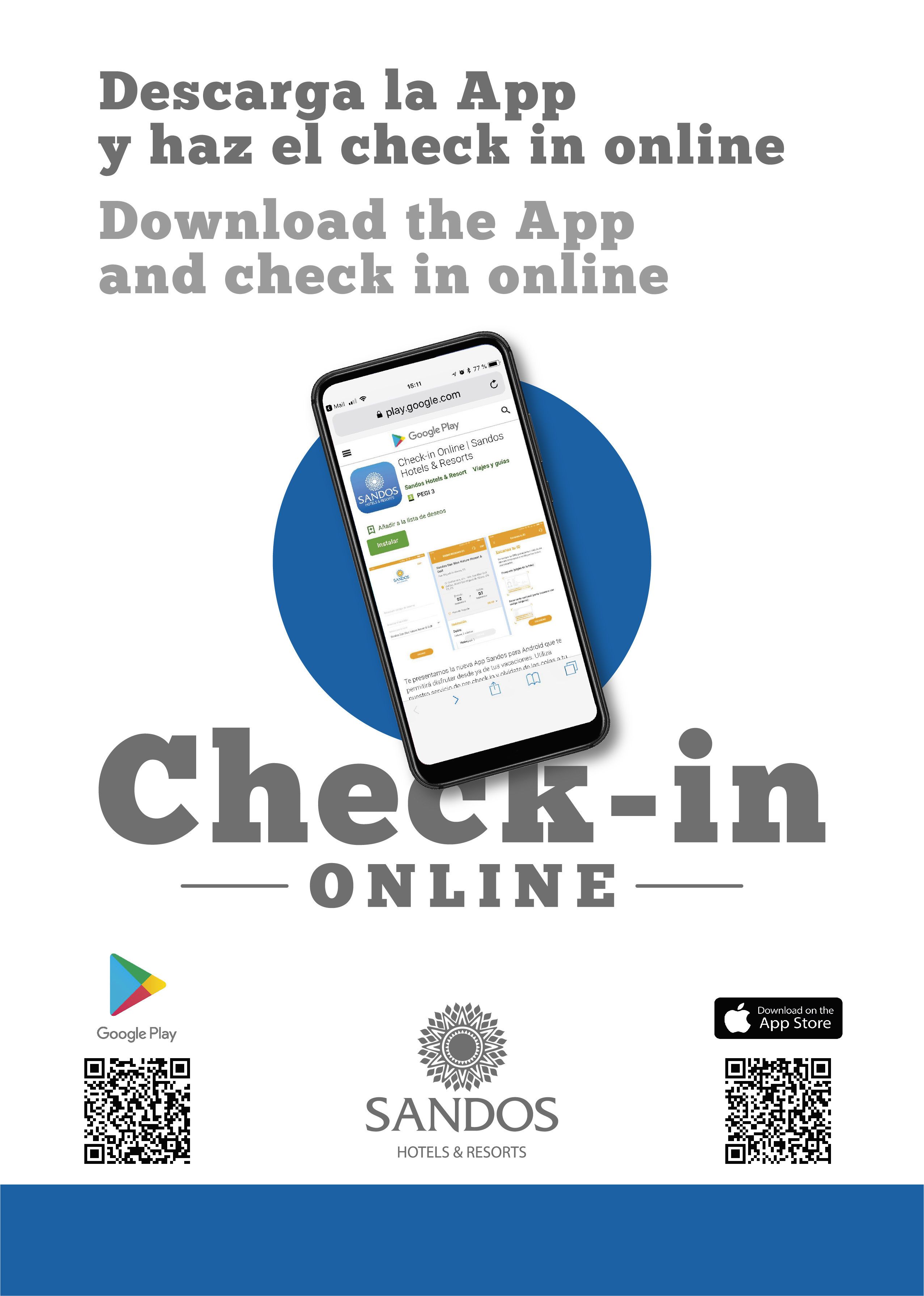 A smartphone displaying the Google Play Store page for the 'Check-in Online' app by SANDOS Hotels & Resorts.
